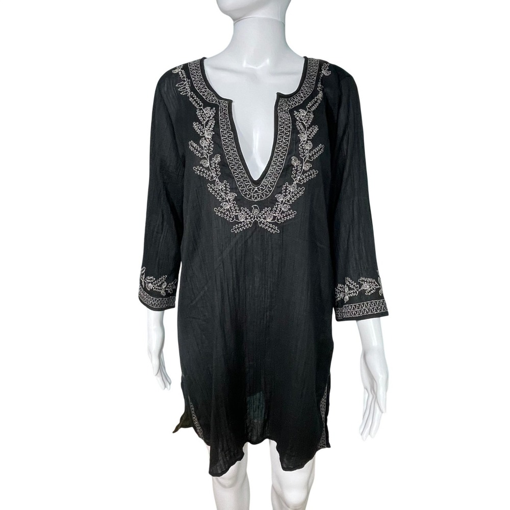 Black 100% Cotton Gauze Embroidered Boho Chic Festival Tunic Top Beach Cover Up